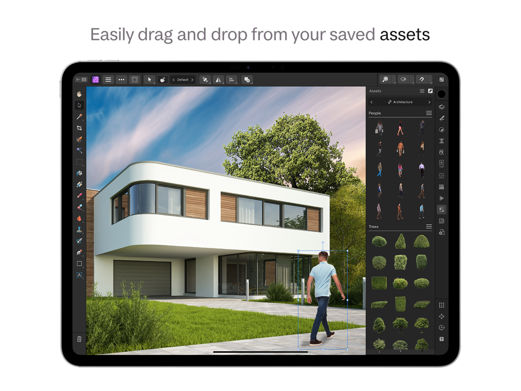 Interfaz de Affinity Photo 2 para iPad mostrando la función de gestión de activos de arrastrar y soltar con elementos arquitectónicos.