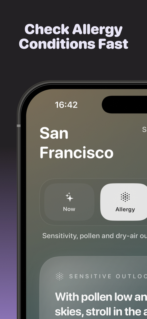 Weather Assistant AI app interface showing allergy forecast and pollen outlook for San Francisco
