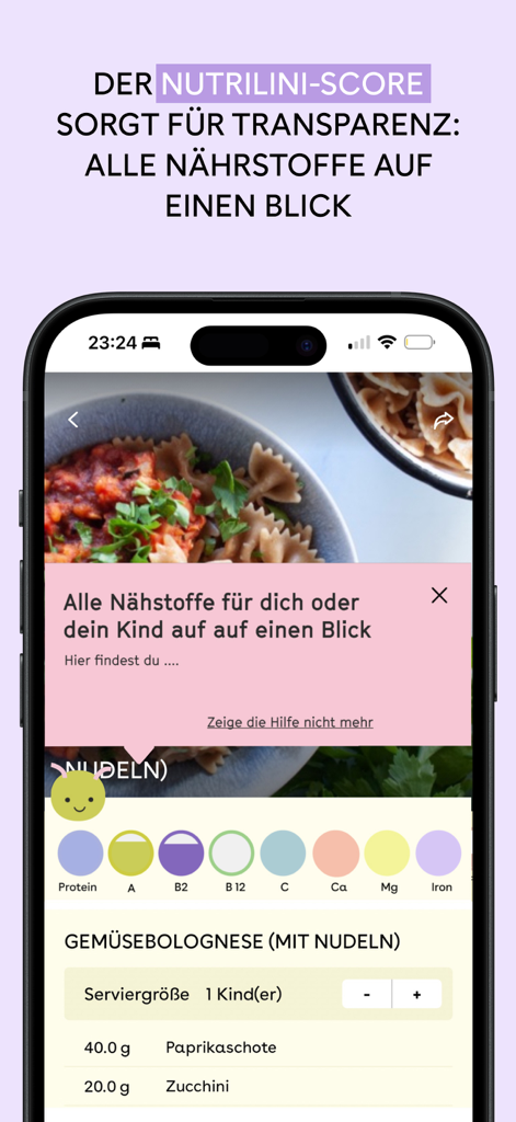 Nutrilini - Familienernährung - Nutrilini app screen showing the nutrient score and breakdown for a healthy vegetable bolognese recipe.