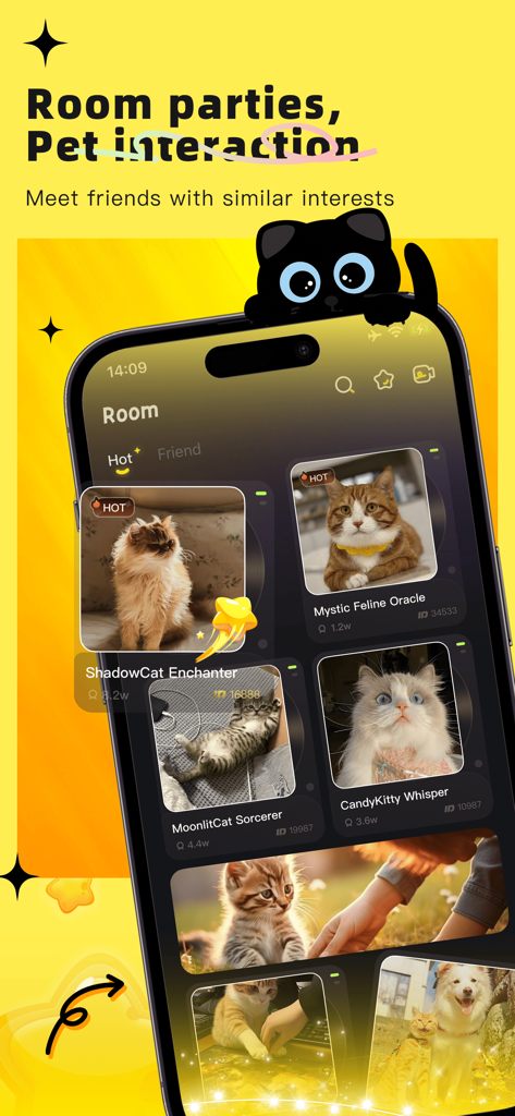 Interfaccia dell'app 花猫Meow che mostra stanze social a tema felino e funzionalità di interazione comunitaria.