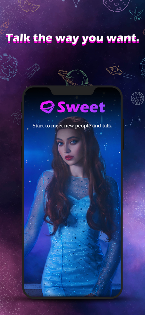 Adult Friend, AFF Finder Sweet - Sweet dating app home screen with a woman in a blue dress and cosmic starry background.