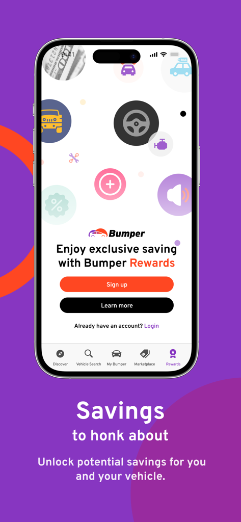 Bumper: Vehicle History Report - A smartphone display showing the Bumper app rewards page with exclusive vehicle savings and sign up options.
