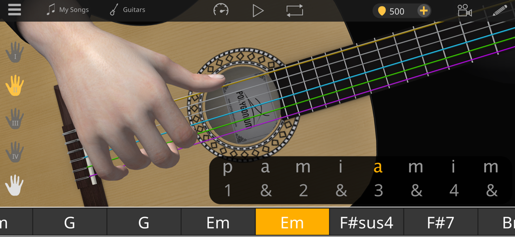 Guitar 3D - Basic Chords - 3D model of a hand demonstrating fingerpicking patterns on an acoustic guitar
