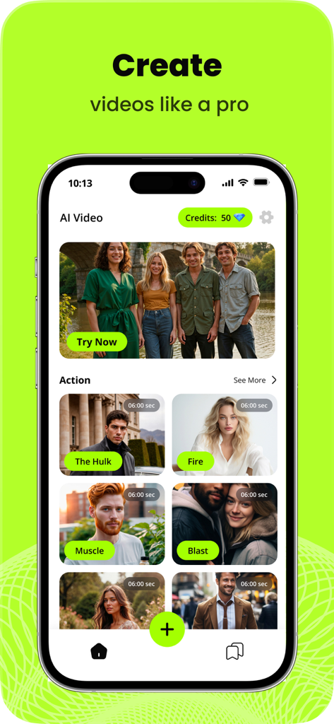 Interfaz de la aplicación móvil Vigg AI mostrando varias plantillas de generación de video y un encabezado para crear videos como un profesional