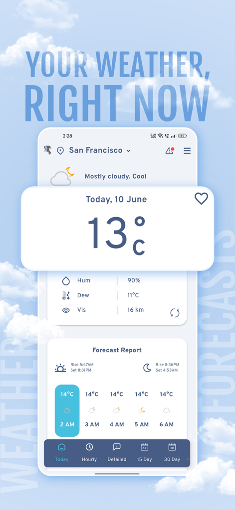 MyForecast - サンフランシスコの現在の気温と1時間ごとの天気予報を示すMyForecastアプリのインターフェース