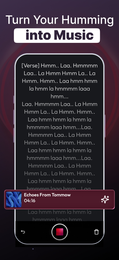 AI Song Generator - Zona - Screenshot of Zona AI app interface showing how to turn humming and vocal recordings into a produced song