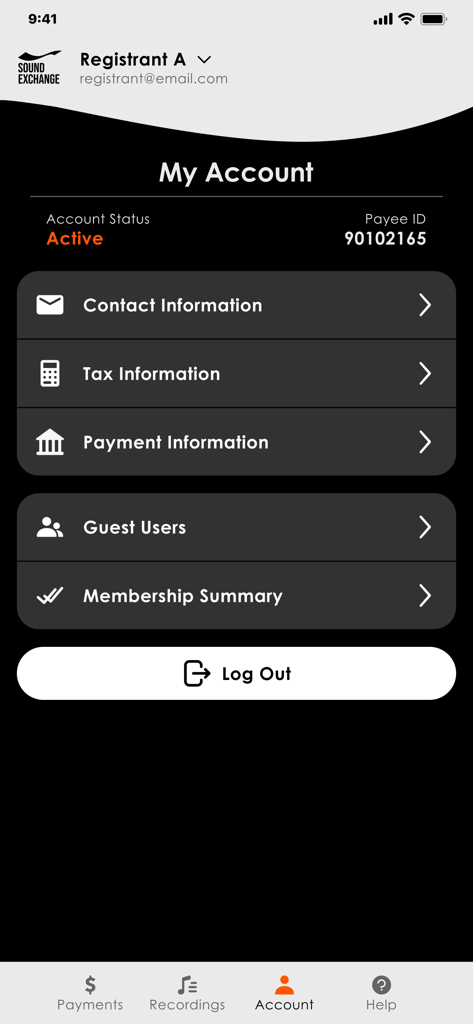 La pantalla de configuración de la cuenta en la aplicación SoundExchange que muestra información de contacto, fiscal y de pago.