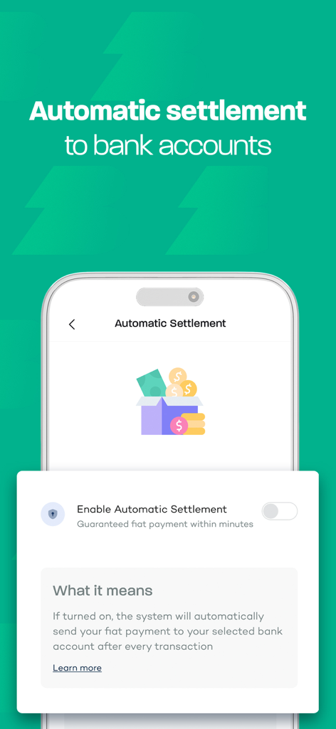 Breet app interface showing the automatic settlement feature to convert crypto to bank account cash instantly