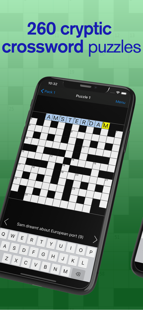 Cryptic Crossword - A smartphone screen showing a cryptic crossword puzzle with the word Amsterdam filled in