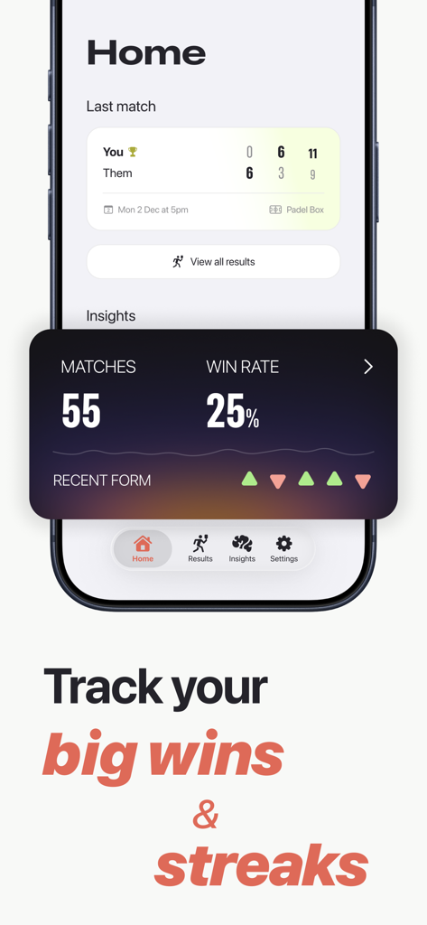 Padel Pointer: Score Tracker - Padel Pointer app home screen showing match results win rate and recent performance trends