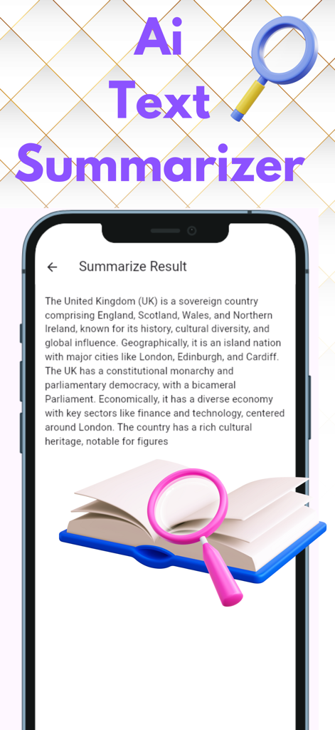 Smartphone screen showing the AI Text Summarizer app interface with a summary result about the United Kingdom.