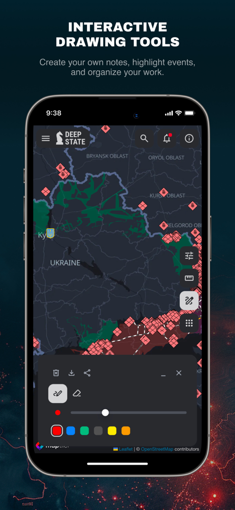 DeepStateMap app interface showing interactive drawing tools and tactical military icons on a map of Ukraine