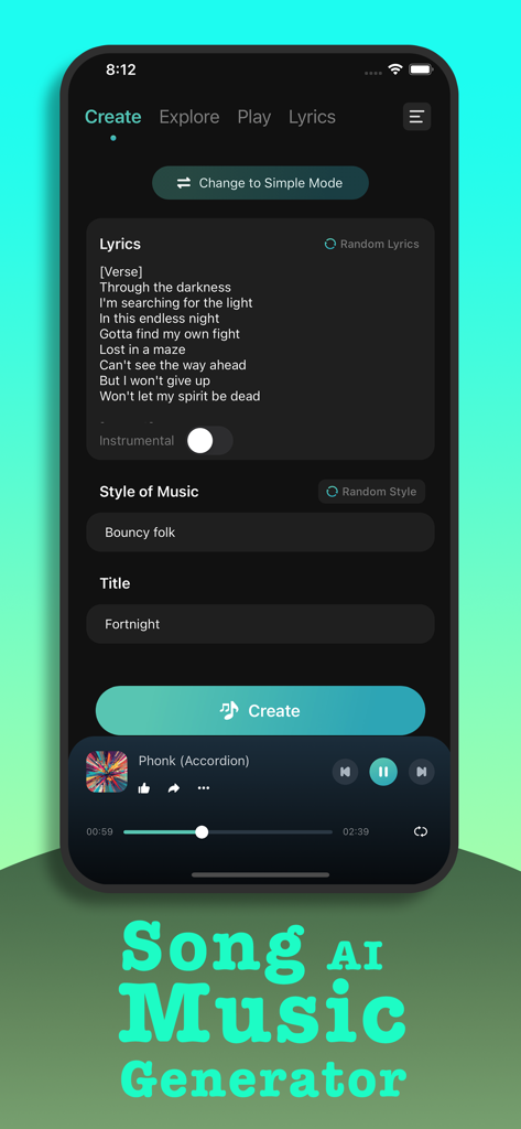 Song AI - AI Music - Interface of the Song AI app showing the create screen with lyrics and music style options.