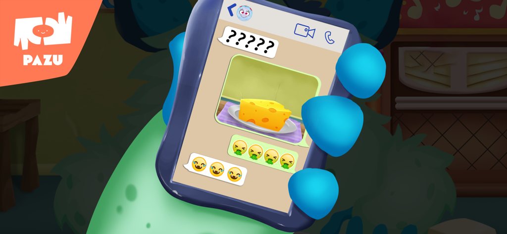 A monster hand holding a smartphone showing a funny chat message about cheese with laughing and gross-out emojis