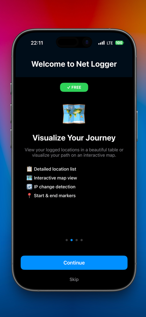 Net-Logger - Welcome screen for the Net-Logger app highlighting features like journey visualization interactive map and IP change detection