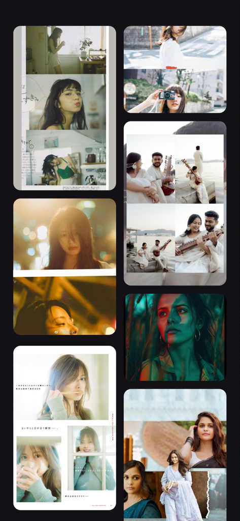 AI Photos Editor+ - A collage showing various aesthetic photo edits magazine layouts and creative portrait effects