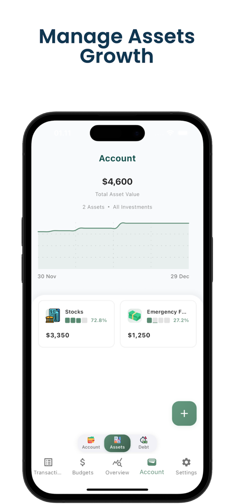Money Manager: Daily Expenses - Tela de gerenciamento de ativos mostrando gráfico de crescimento de valor total e categorias de investimento