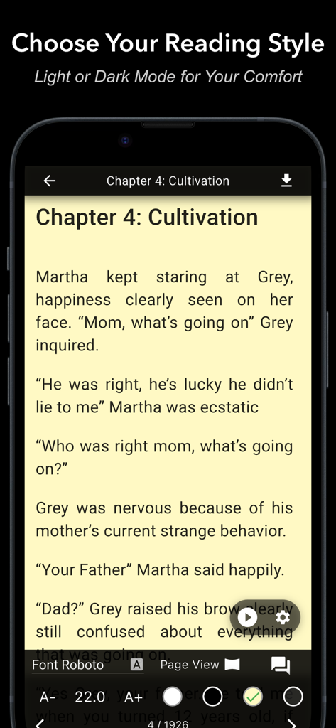 Light Novel - Offline Reader - Pantalla móvil mostrando la interfaz de lectura de novelas ligeras con fuentes personalizables y modos de fondo claro y oscuro