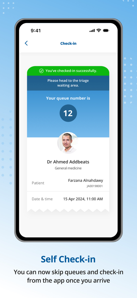 Nahdicare app screen showing a successful self check-in with a queue number and doctor information.