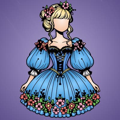 a girl in a dress with a puffy short skirt with flowers dripping down from the corset and a pretty corset that has long puffy sleeves thatare of the shoulder