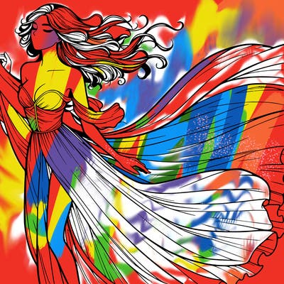 realistic woman in dress flowing the the wind