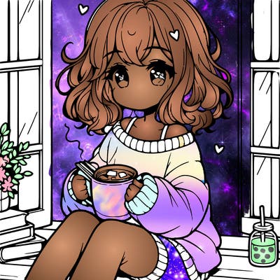 cute anime girl reading book and drinking hot chocolate from mug with loose wavy hair wearing a baggy sweatshirt and shorts sitting by windowsill looking out