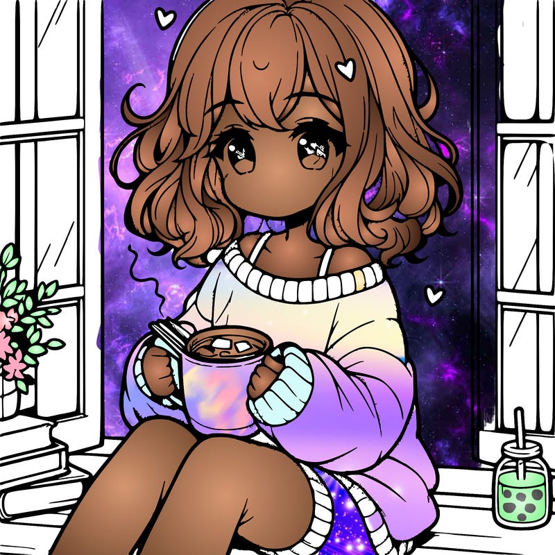 cute anime girl reading book and drinking hot chocolate from mug with loose wavy hair wearing a baggy sweatshirt and shorts sitting by windowsill looking out