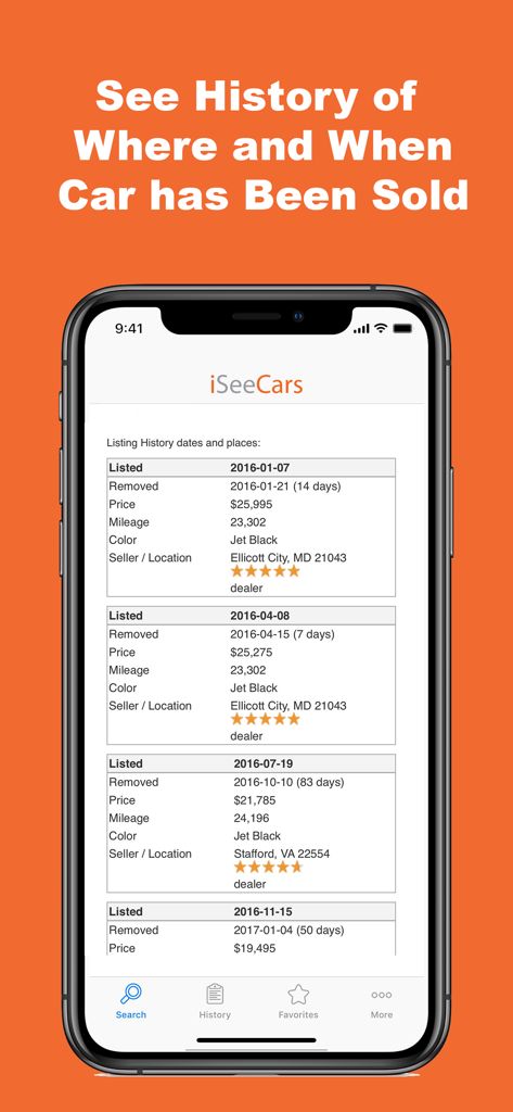 VIN Report for Used Cars - Informe del historial de listado de autos que muestra fechas y precios de venta anteriores.