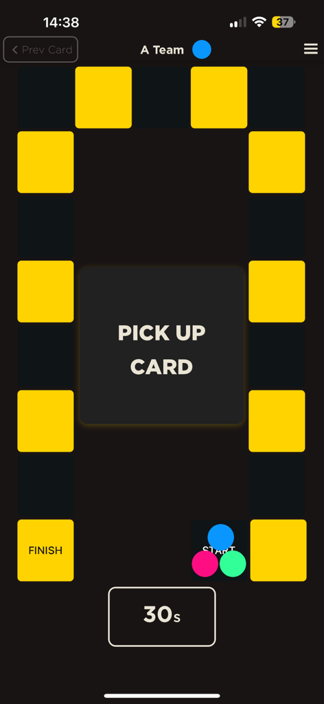SaidInSeconds game board interface with team tokens and a pick up card button