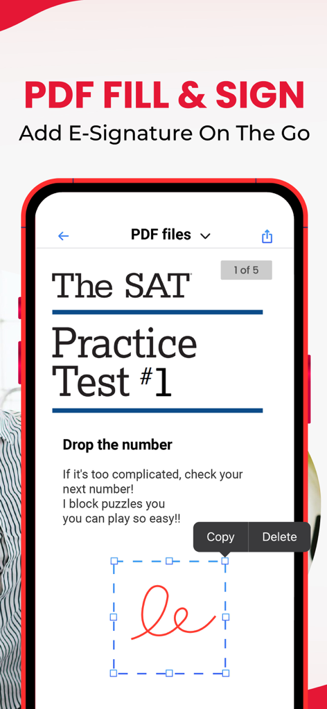 Swift PDF Editor: Scan & Sign - A mobile app interface showing how to add an electronic signature to a PDF document.