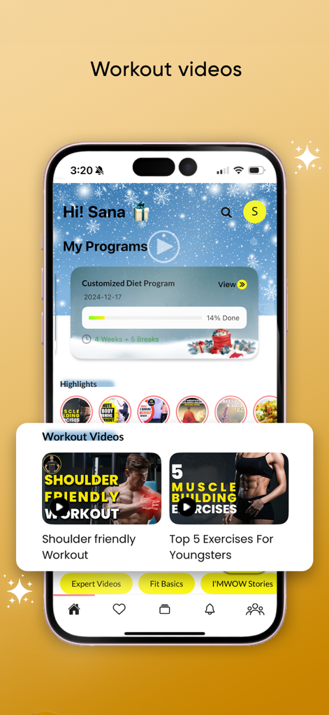 ImWow - ImWow app dashboard displaying workout video categories and a personalized diet program progress tracker.