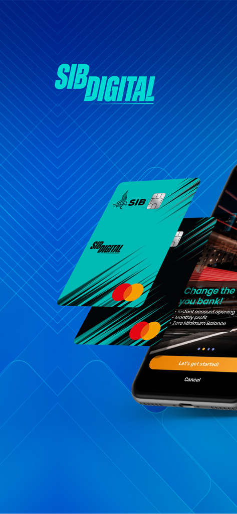 SIB Digital - SIB Digital 모바일 뱅킹 앱 인터페이스, Mastercard 및 즉시 계좌 개설 혜택 표시.