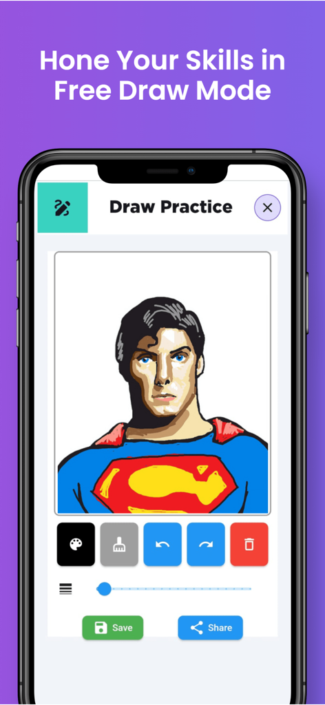 Draw Something AI - Un dispositivo móvil que muestra el modo de práctica de la aplicación Draw Something AI con un dibujo digital de Superman