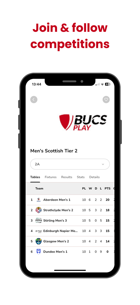 BUCS Play app showing the Men's Scottish Tier 2 sports league table standings.