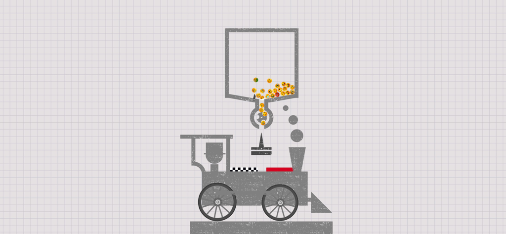 Una locomotora de vapor gris bajo un dispensador de canicas en una aplicación STEM basada en física.