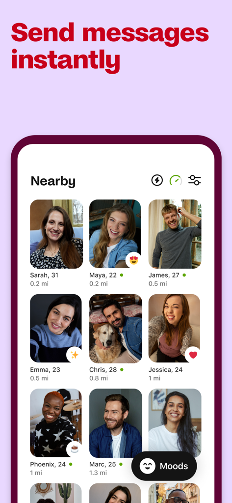 Badoo app screen showing the People Nearby feature with a grid of user profiles and a headline saying Send messages instantly