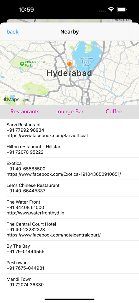 A mobile screen showing a map and a list of nearby restaurants with phone numbers and social media links.