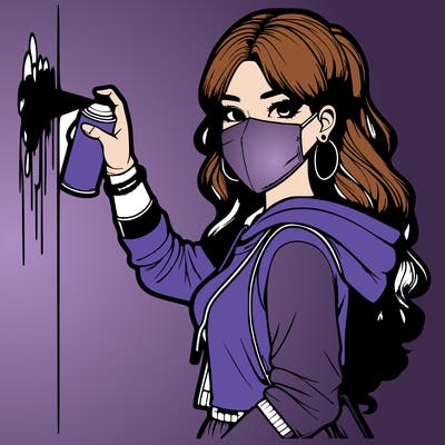 realistic girl with mask spray painting a wall