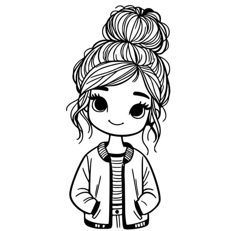 girl in a messing bun with a jacket