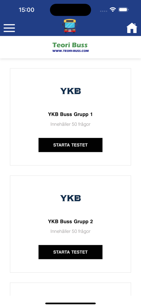 Swedish bus driver theory app showing YKB practice test groups and start buttons