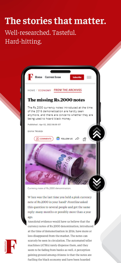 Frontline News app on a smartphone showing an archival article about Indian currency