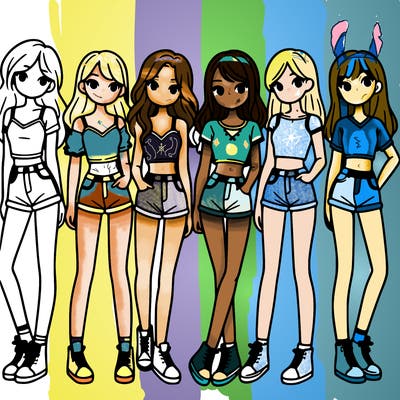 a group of girls wearing crop tops and shorts