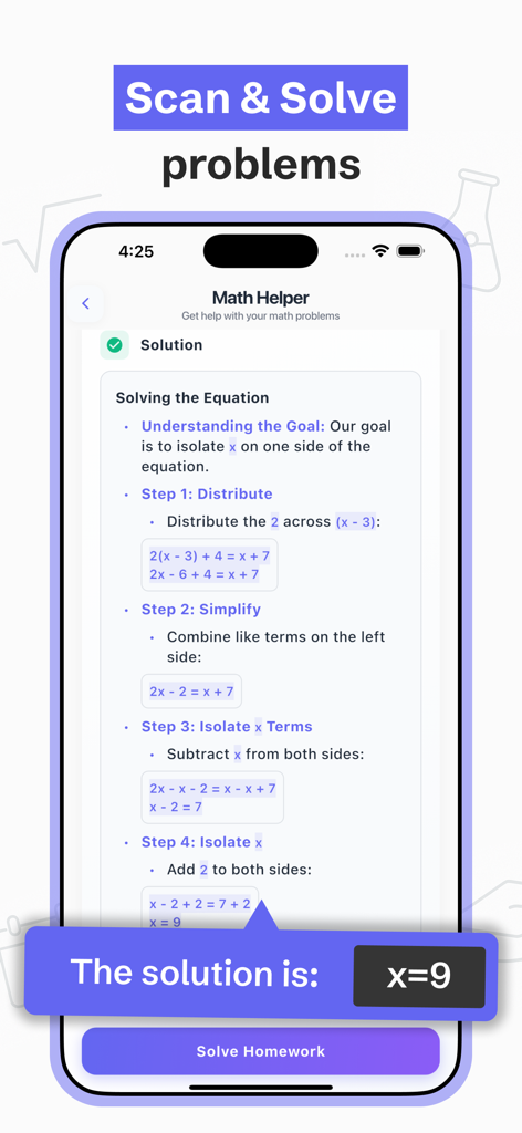 AI Homework Helper - ScanSolve - AI Homework Helper ScanSolve app interface showing a step by step math solution
