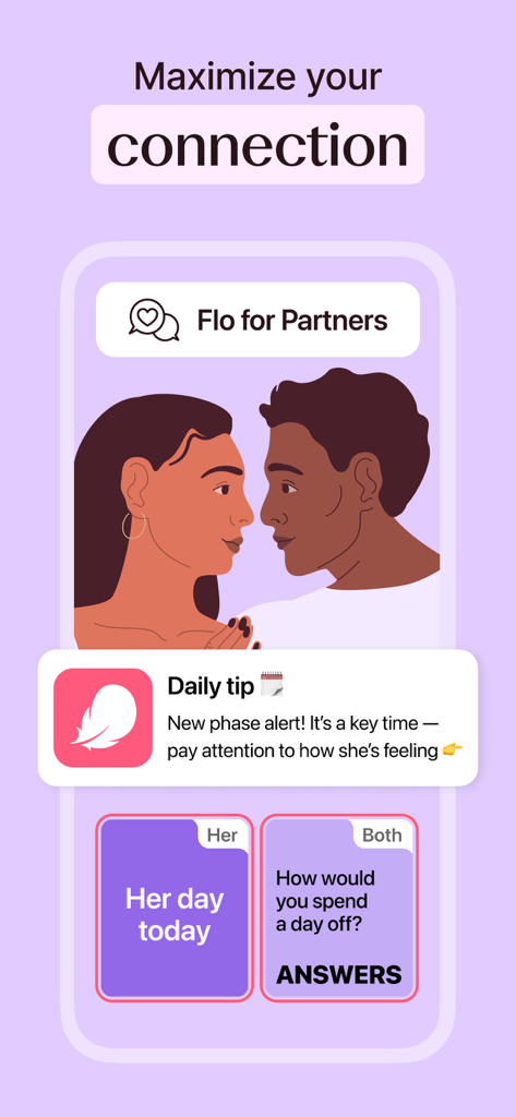 Interface of the Flo for Partners feature showing a couple illustration and daily cycle tips for partners to stay connected.