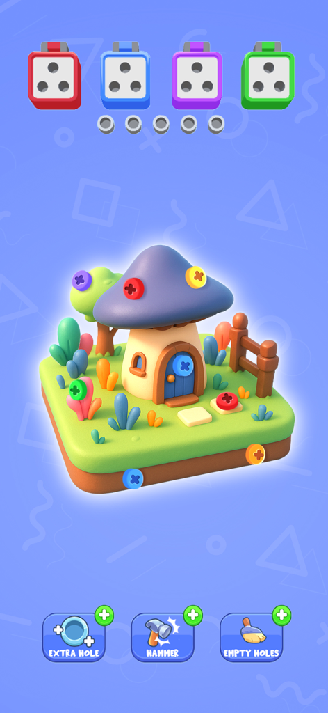 Un puzzle 3D en forme de champignon avec des vis colorées et des boutons d'interface de jeu