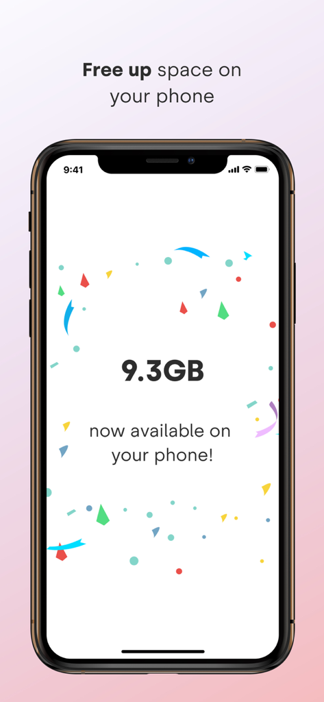 Screenshot of the SanDisk Ixpand Charger app showing a message that 9.3GB of space is now available on the phone with festive confetti