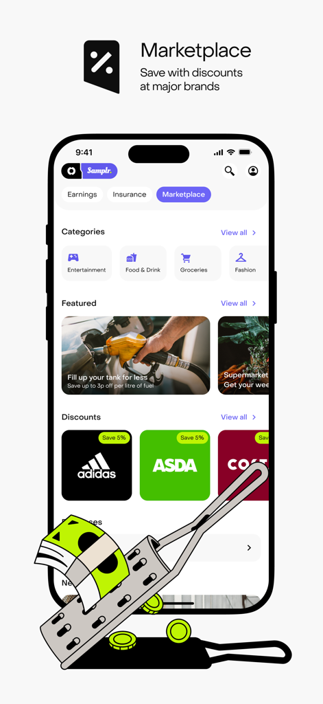 A mobile interface of the Onsi app marketplace displaying discount categories and featured savings on brands like Adidas and Asda.