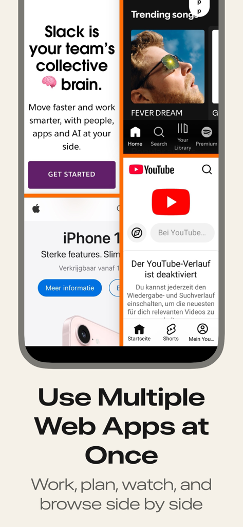 WebApp - Pantalla de iPhone mostrando WebApp con un diseño de cuatro paneles que muestra Slack, Spotify, el sitio web de Apple y YouTube simultáneamente