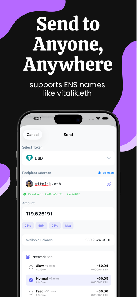Ethereum Wallet - ETH & Tokens - Tela do aplicativo Carteira Ethereum para enviar tokens USDT usando nomes ENS e selecionar taxas de rede