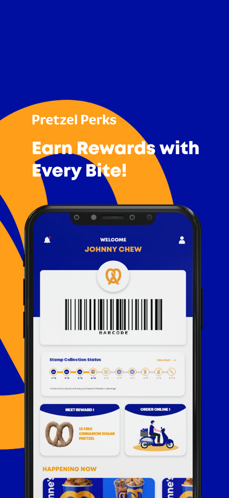 Auntie Anne's MY - Auntie Anne's MY app interface displaying a digital loyalty card with barcode and stamp collection progress for rewards.